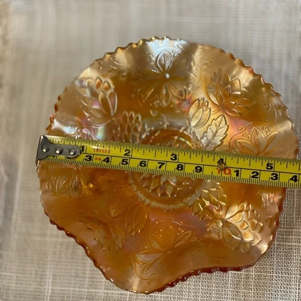 Antique Dugan Marigold Carnival Glass Garden Path Footed Ruffled Bowl